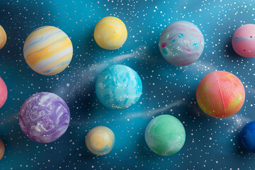 
photo of planets made from colorful bathtub balls, with a space background