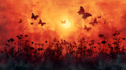 Dusk's Embrace: Watercolor Portrait of Sunset, Butterflies, and Evening Bloom