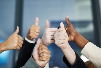 Business people, diversity and hands with thumbs up for agreement, unity or well done at office....