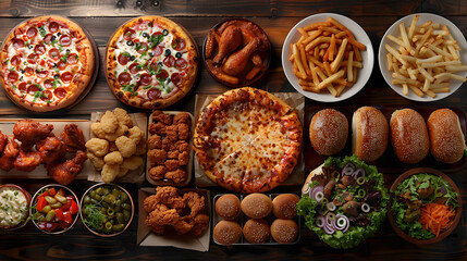 Buffet table scene of take out or delivery foods, Pizza, hamburgers, fried chicken and sides, Above...