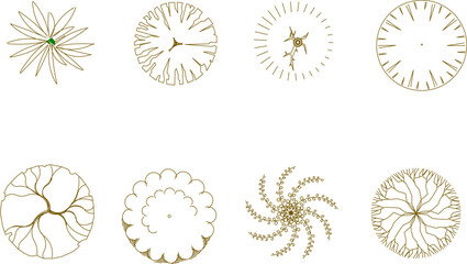 Vector sketch illustration of tree and plant designs seen from above to complete the layout and site plan drawings