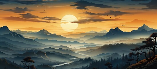 Fantasy landscape with mountains and forest at sunset.