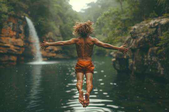 Person performing an extreme sports stunt, such as bungee jumping or cliff diving, showcasing the exhilarating rush of freedom. 