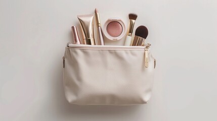Chic makeup bag filled with beauty essentials isolated on pristine white surface.