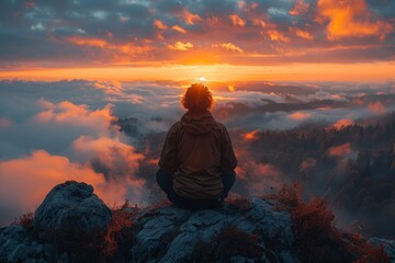 Person meditating on a mountaintop as the sun rises, embodying a sense of inner peace and freedom from within. 