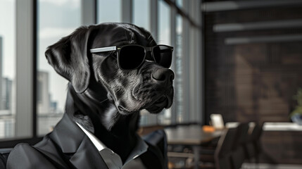 
Portrait of a black dog in black sunglasses and a classic black suit against a background of modern office , boss , businessman, business