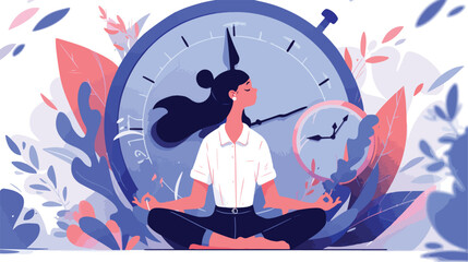 Calm person meditating near clocks and finding bala