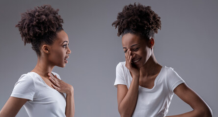 Woman's gossip meets her own reflective amusement