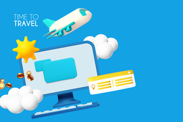 3D airplane travel concept. Booking service design. Travel agency. Online ticket booking.