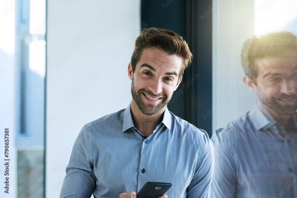Poster Portrait, window and business with man, smartphone and typing with social media and notification for email app. Face, person and employee with cellphone and mobile user with smile and website info