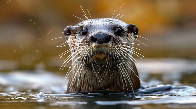 Adorable closeup image of a river otter in the water, its fur slick and shiny, capturing its playful and curious nature