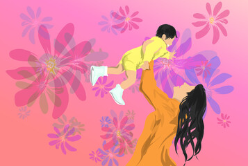 a mother holding a child, a woman and a baby against a colorful gadasi background strewn with flowers