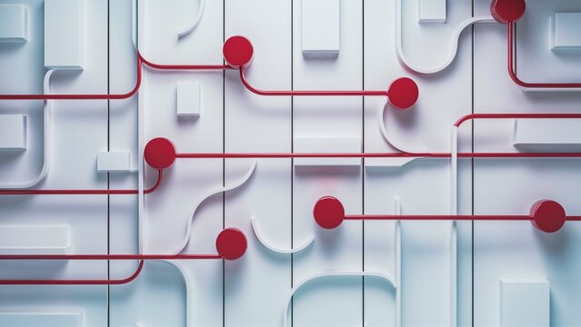 Abstract Concept Art of Mapping System, Conceptual art depicting an abstract mapping system, featuring red lines and points over a structured white maze, representing navigational pathways.