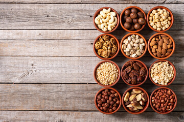 Mix of nuts in bowl . Food background