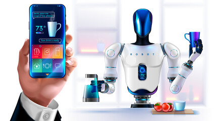 Humanoid robot servant pours tea at request of human. An AI robot does housework. The robot cook in kitchen holds cup, teapot in his hand. Humanoid anthropomorphic robot with artificial intelligence.