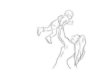 sketch of a mother holding a child, woman and baby on a white background