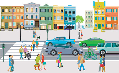 Stadtsilhouette einer Stadt mit Verkehr  und Personen, illustration - 790658186