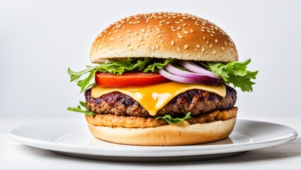 Delicious burger on a white background. An advertising banner.