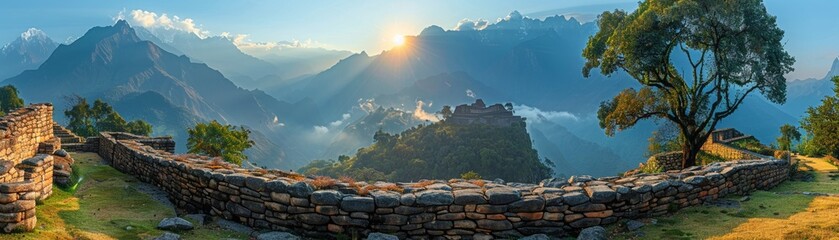 A lost city of gold in the Andes, now a haven for adventurers and historians, shining brightly under the sun  - obrazy, fototapety, plakaty