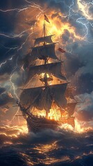 A spectral pirate ship sailing through the clouds, hunting for thunderstorms to harness lightning for treasure 
