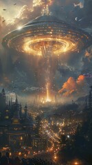 Obraz premium An alien embassy on Earth, where humans and extraterrestrials collaborate for interstellar peace, under a united flag