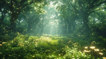 Obraz premium An ancient forest where time flows differently, inhabited by creatures of myth and legend, under a canopy of stars