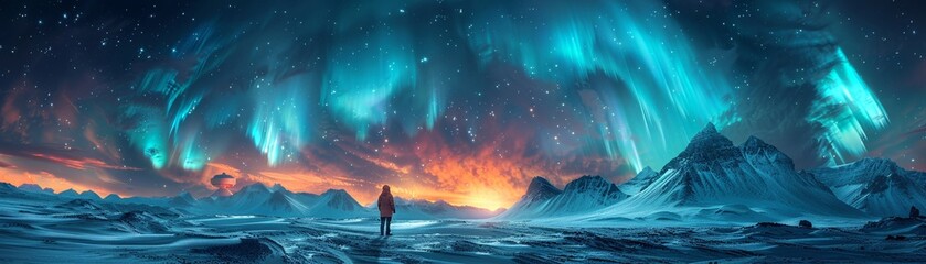 Naklejka premium An arctic fortress of solitude, where a lone scientist communicates with extraterrestrials using aurora lights