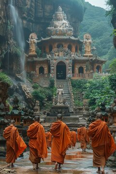 An ancient monastery in the Himalayas, with monks practicing martial arts among levitating stones