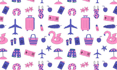 Fototapeta na wymiar Summer vacation elements seamless pattern on white background. Colourful travel wallpaper. Summer items backdrop. Design for textile, wrapping paper and holiday summer decor.