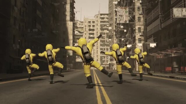 People in chemical protection dance against the backdrop of the apocalypse