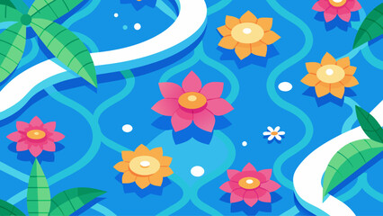 Fototapeta na wymiar Seamless pattern with flowers and leaves on the background of the pool