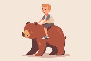 Child riding a bear happy simple flat cartoon