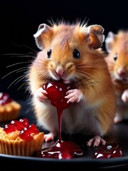 A hamster eating muffins with jam.