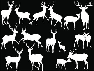 fifteen deer silhouettes isolated on black