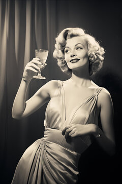 vintage photo beautiful blond woman holding champagne cocktail wearing dress in 1960s black and white film