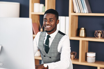 Lawyer, happy or black man on computer for legal advice, consulting and networking at law firm....