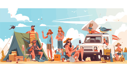 Campers relaxing in sand desert. Tourists friends a