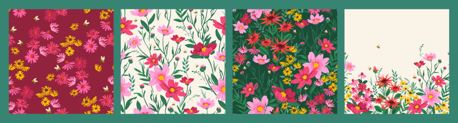 Fototapeta na wymiar Floral seamless patterns. Vector design for paper, cover, fabric, interior decor and other