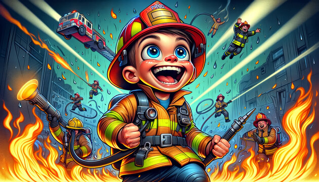 caricature of cartoon character, fireman. Cartoon Professions