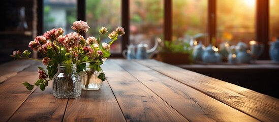 Vase of flowers on a wooden table in a cafe, vintage style