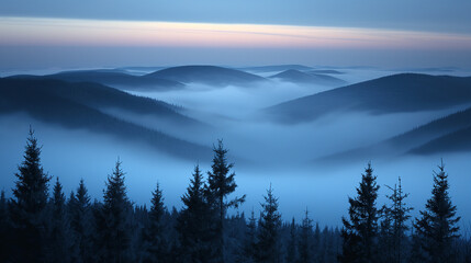 Obraz premium The hills in the fog. Morning landscape.