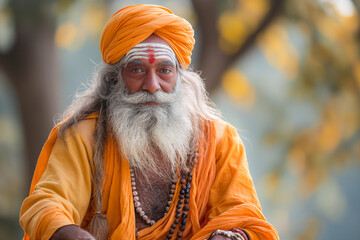portrait of an old sikh man with long beard and hat or kesh, guru and spiritual master of the sikhism