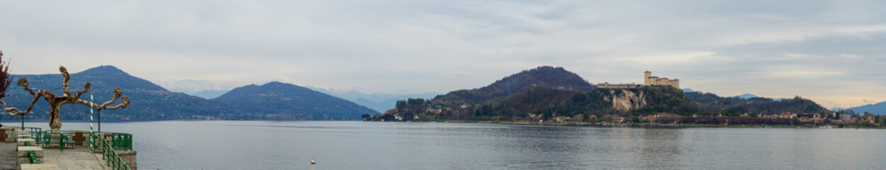View of the Medieval Rocca Borromea di Angera from Arona, Lake Maggiore, Italy