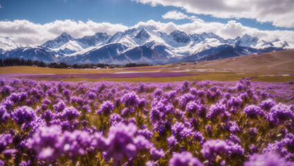 A field of purple flowers with snowcapped mountains - obrazy, fototapety, plakaty