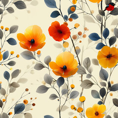 seamless pattern, Wallpaper in Scandinavian style, autumn patterns, yellow flowers, bullfinch