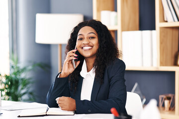Phone call, portrait or black woman with smile in a law firm for consulting, legal advice or...