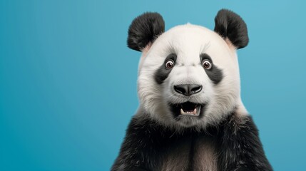 A carnivorous panda bear with electric blue fur and whiskers looking surprised - obrazy, fototapety, plakaty