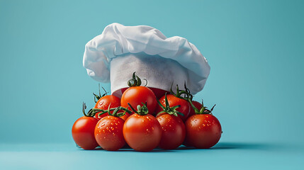 Chef hat with tomato concept on pastel blue background, minimal idea food and fruit concept, An idea creative to produce work within an advertising marketing communications or artwork design