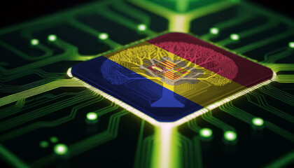 An electronic circuit board featuring a chip adorned with the Andorra flag. Concept of technological advancement, chip development for industrial applications - obrazy, fototapety, plakaty