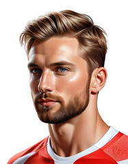 Obraz premium Handsome Caucasian male athlete with trendy hairstyle in a red jersey, portrait isolated on a transparent background, suitable for sports and fashion themes